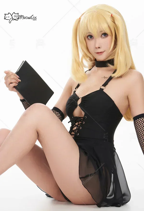 Meowcos Miss Misa Gothic Black One Piece Swimsuit With Sarong One-piece Swimwear and Tulle Skirt with Sleeves