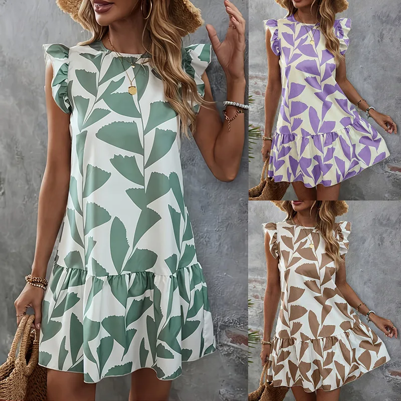

Fashion O-neck Sleeveless Print Mini Dress Women 2024 Summer Casual Elegant Green Sundress Ruched Dresses For Women Robe Femme