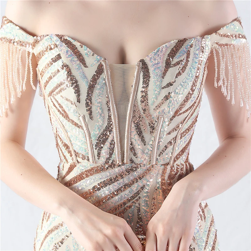 女性用セクシーでエレガントな夏のオフショルダービーズタッセル付きスパンコールレースアップバンデージスリムカクテルプロムイブニングロングドレス