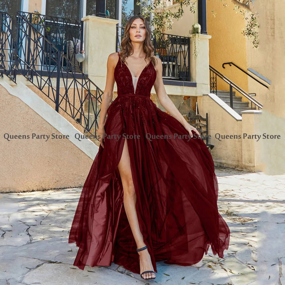 

Sexy Burgundy Evening Dress Women Party Dresses Deep V Neck Sleeveless Sequin Applique A Line Soft Tulle Prom Robe De Soiree