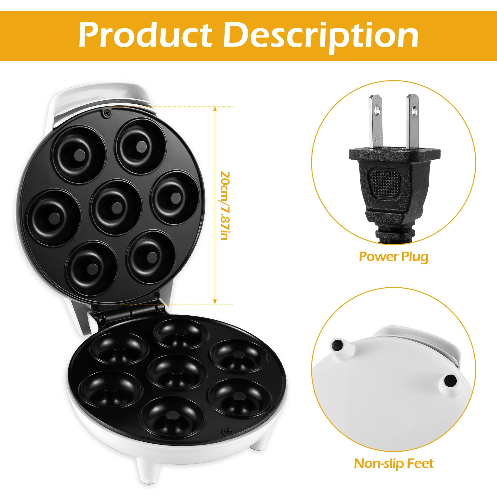 Mini Doughnut Maker 1200W Non-Stick Donut Maker Machine 7 Holes Round Electric Donut Maker with Anti Slip Feet Minimalist