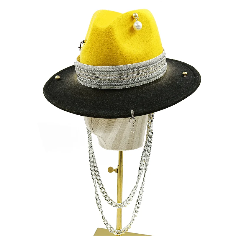 Chain punk fedora hat New fedora hat Silver chain accessories Jazz hip hop winter hat Punk style fedora hat Church hat