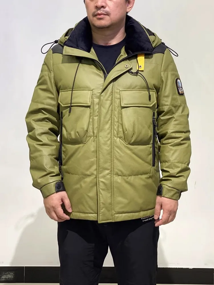 Winter Mens Thick Warm Cowhide Genuine Leather Down Jacket Slim Fit Hooded Moto Biker Overcoat Windproof Outside Cargo Jackets