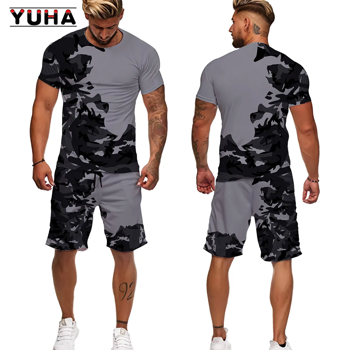 YUHA 2022 Summer Camouflage Tees/Shorts/Suits Men\'s T Shirt Shorts Tracksuit Sport Style Outdoor Camping Hunting Casual Mens Clo