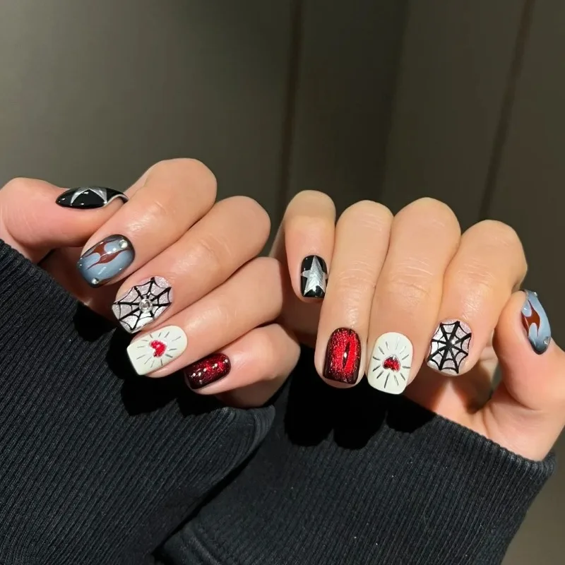 

10 Pieces Halloween Horror Elements Handmade Press On Nails Dark Cat Eye Spider Web Short Fake Nails Removable Reusable