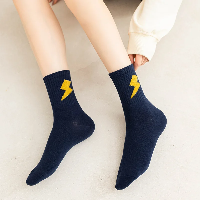 Women Socks Cotton Female Autumn Winter Weather Harajuku Sweet Sun Clouds Snowflakes Rainbow Lightning Print Calcetines Mujer