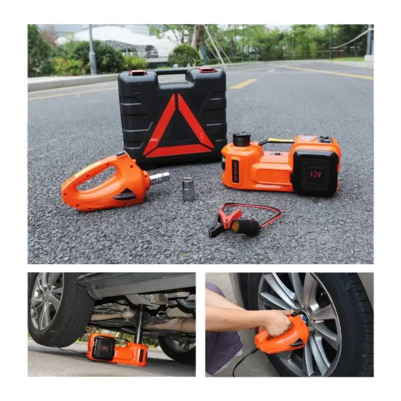 12V 5T Car Jack Electric Hydraulic Jack Protable Tire Jack Electric Wrench Impact Socket Wrench Tire Inflator LED Light 4 in 1