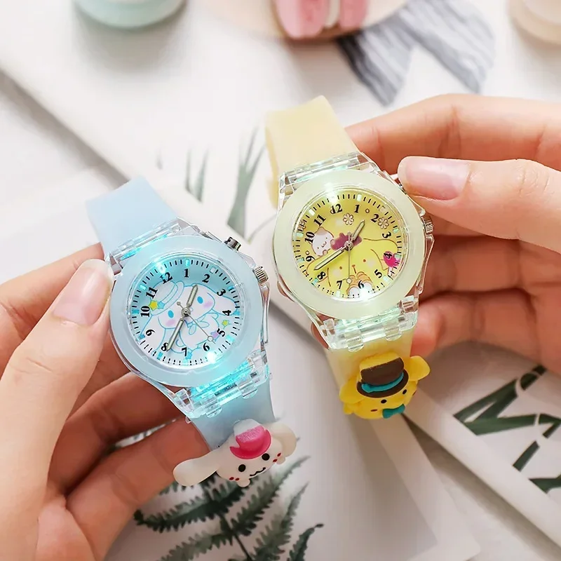 New Sanrio Waterproof Glowing Watches Kawaii Cartoon Hello Kitty Melody Kuromi Cinnamoroll Silicone Watch Cute Anime Kids Gifts