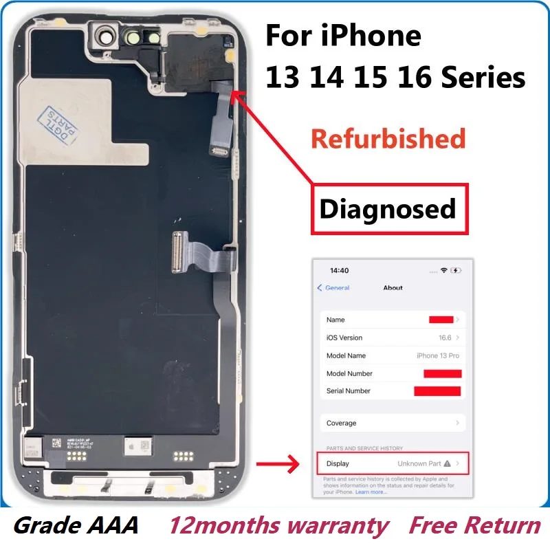 A+++ OLED Screen Glass Replaced For iPhone 13mini 14 Pro Max 15 16 Plus, LCD Display, with Sensor Flex, Diagnosed, Tested 아이폰