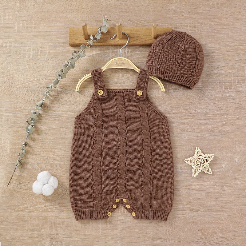 Newborn Baby Romper Knitted Boy Playsuit Toddler Kid Clothing Hat 0-18M Jumpsuit Outfit Solid Fall Infant Girl Onesie Sleeveless