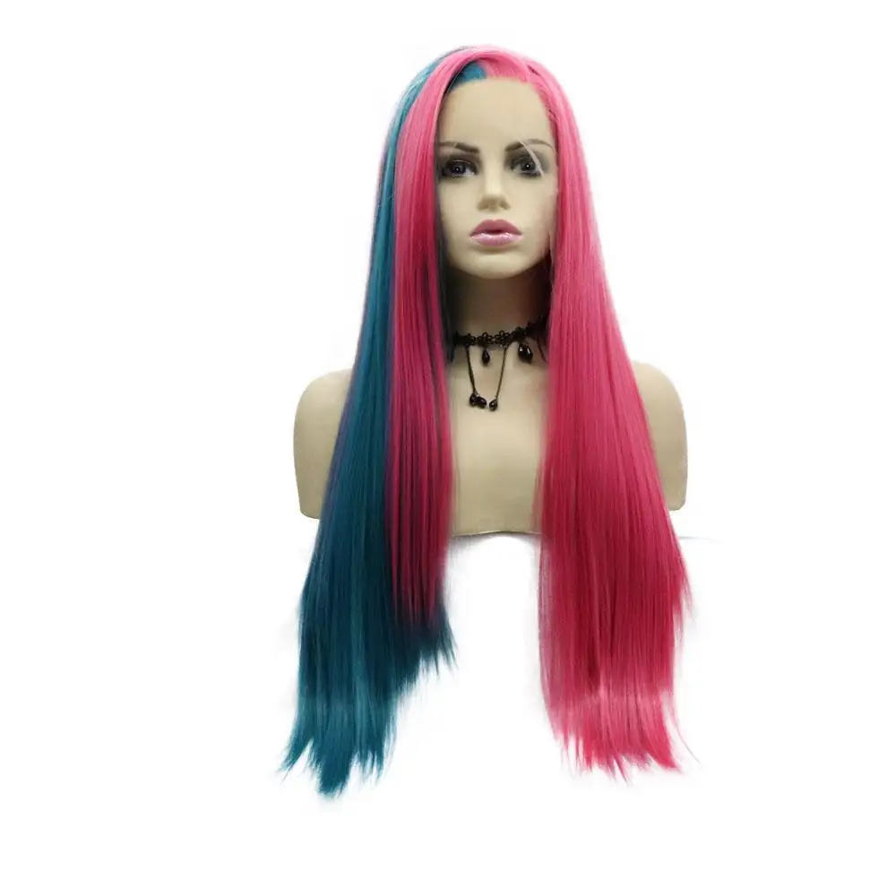 

Sylvia Synthetic Lace Front Wig Half Blue-Half Pink Long Straight Hairs Middle Parting Wigs For Women Cosplay Or Daily Use