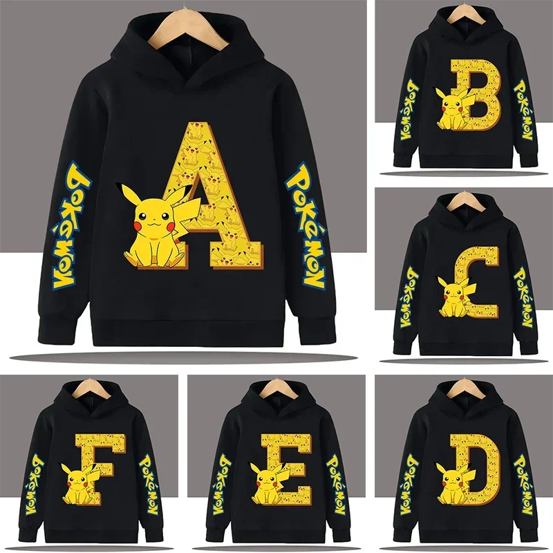 

2026 New Letter A-Z Boys' Sweatshirt Children's Hooded Sweatshirt Pikachu Cartoon Print Girls' Casual Top Autumn/Winter Clothing