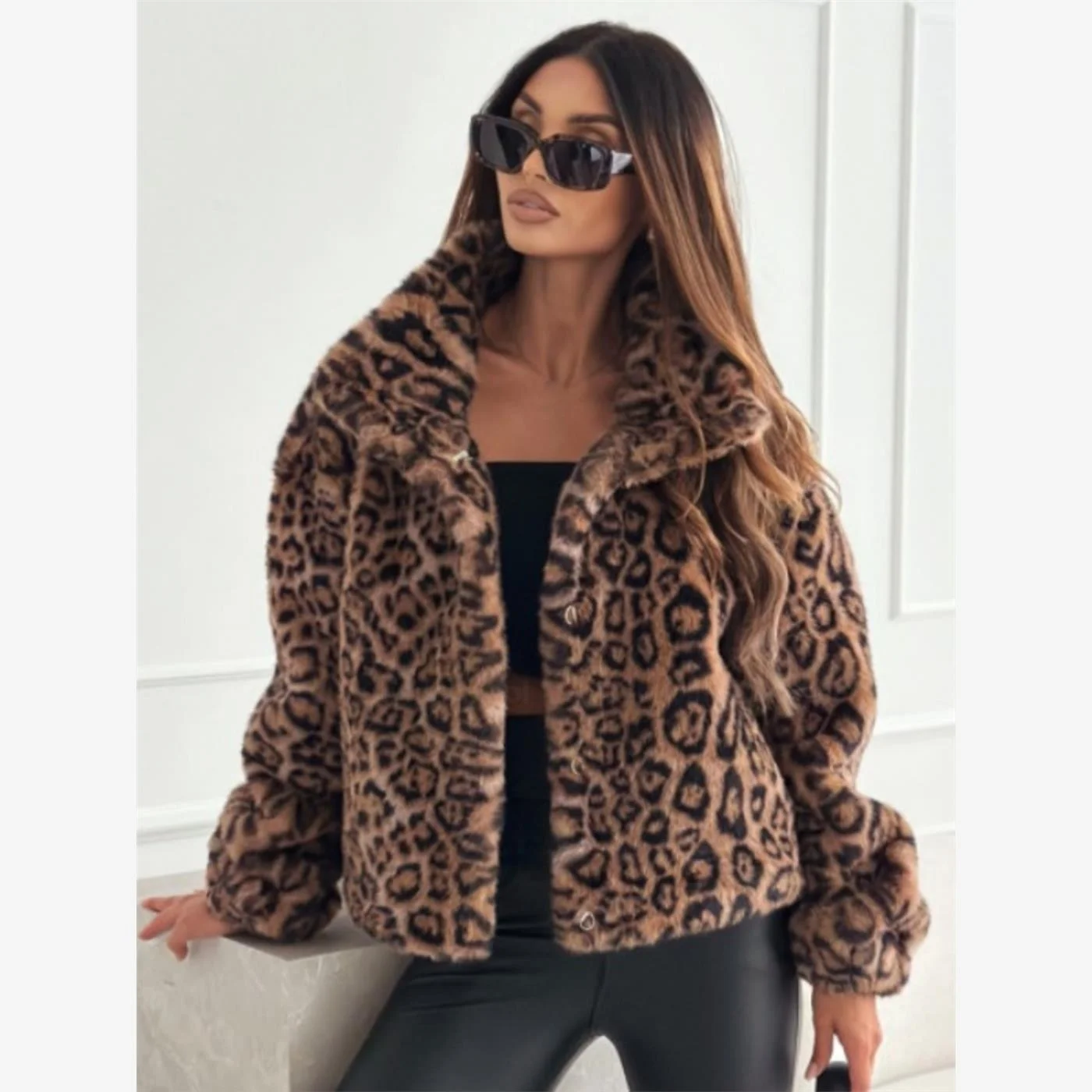 

Autumn Winter Thickened Fleece Lined Leopard Print Loose Casual Short Cardigan Jacket Women's Cleanfit Style Bright Surface