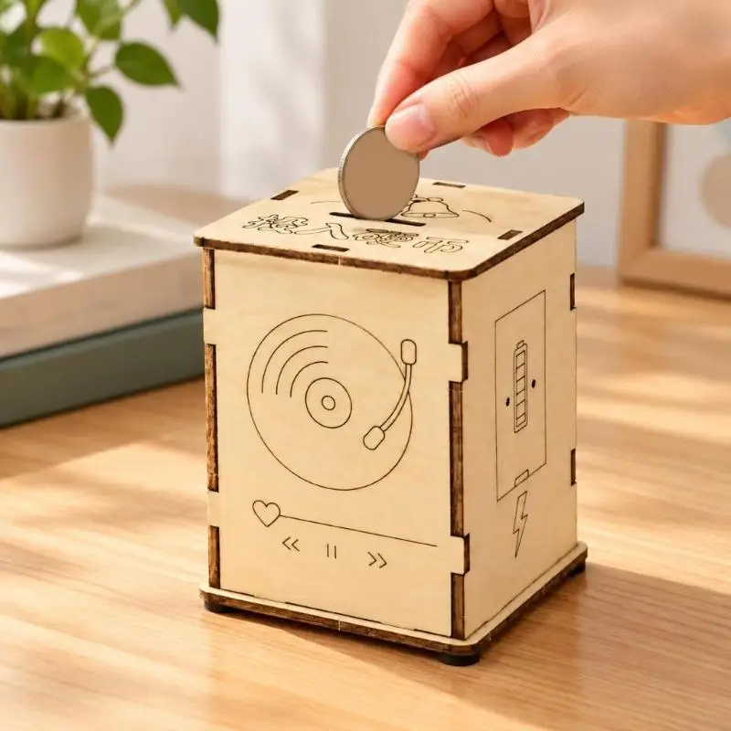DIY Wooden Coin-Operated Music Box Project with Coin-Activated Action, Panel Assembly, Coin Storage and Etched A2UB