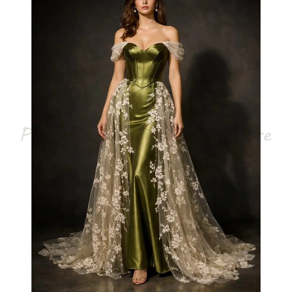 

Olive Green Off The Shoulder Sweetheart Corset Satin Gown With Champagne Lace Tulle Overlay A-Line Formal Evening Prom Dress