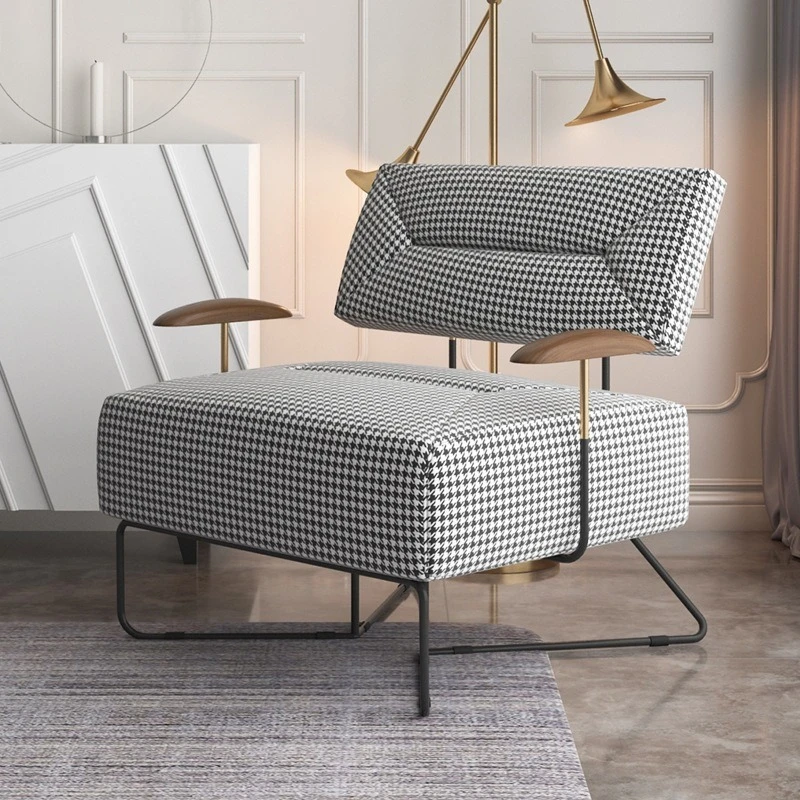 Nordic light luxury lazy sofa single thousand bird grid walnut color solid wood living room hotel reception simple leisure chair