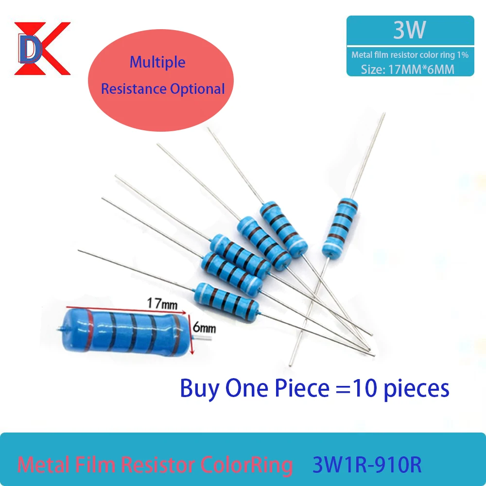 3W Metal Film Resistor 1R 1R2 1R5 1R8  2R 2R2 2R4 2R7 3R 3R3 3R6 3R9 4R3 4R7  5R1 5R6 6R2  6R8 7R5 10PCS  Green  DIP  Resistance