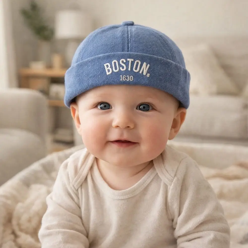

Letter Embroidered Brimless Hat Adjustable Sun Protection Children Melon Beanie Breathable Cotton Denim Bucket Hat