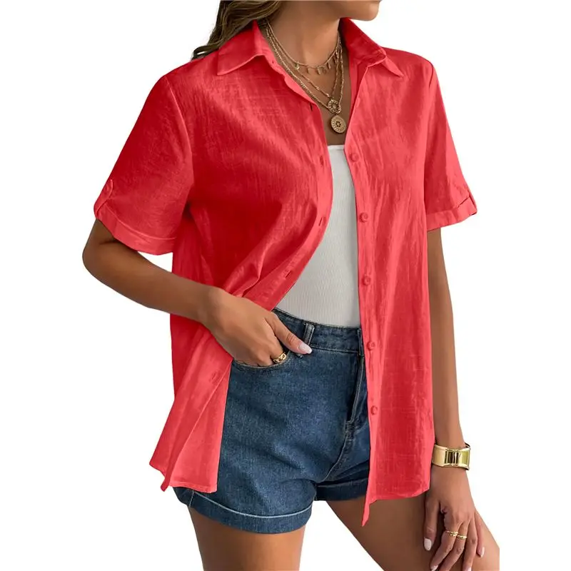 CYL-Camicia da donna con bottoni in cotone Camicia a maniche corte con orlo arrotolato Top estivo da donna in cotone da spiaggia casual con scollo a V