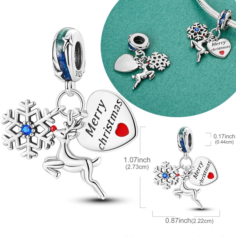 

Original 925 Sterling Silver Bead Charm Christmas Reindeer Snowflake Pendant Fit Original Bracelet For Women DIY Jewelry Gift