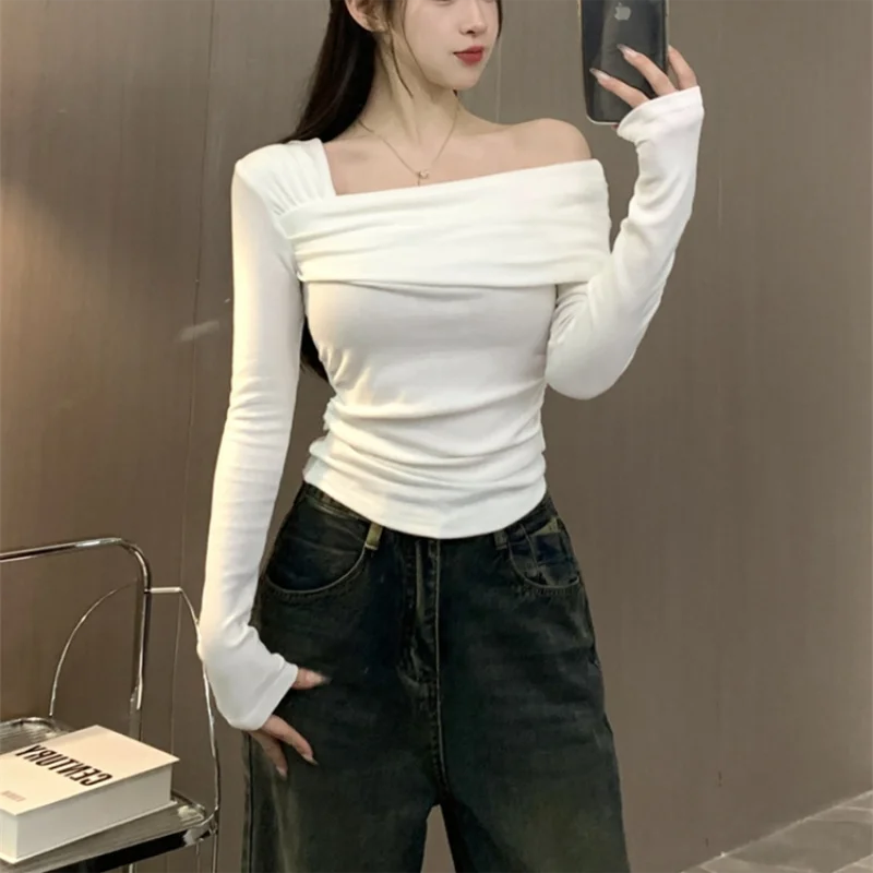 Women Off Shoulder T-shirts Casual Solid Long Sleeve Shirts Cropped Tops Streetwear Clubwear Sexy Skew Collar Warm Pullovers