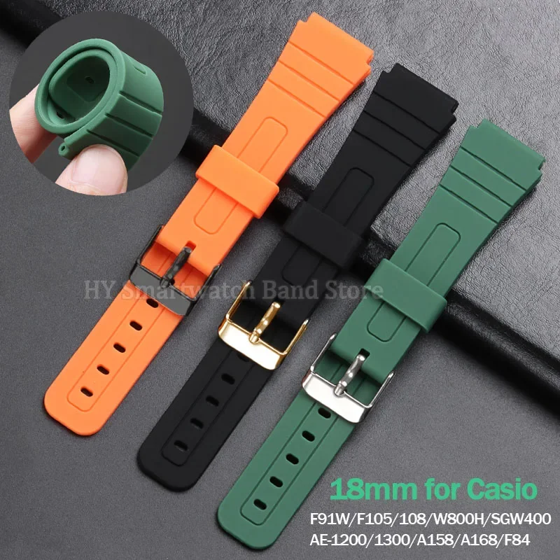 18mm Soft Rubber Strap for Casio F91W F84 F105/108/A158/168 W800H SGW400 AE1200/1300 Waterproof Rbber Wrist Band Sport Bracelet