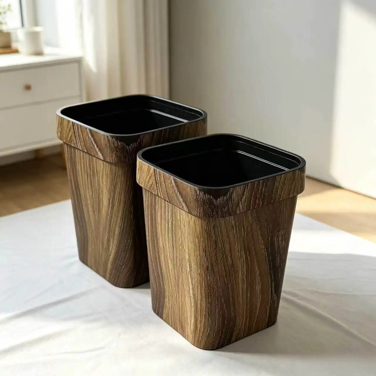 Farmhouse Decor Wood‑Grain Trash Can 2 Pack,12L Open‑Top Plastic Waste Basket, Dual‑Layer Removable‑Inner‑Bucket Garbage Bin for Living Room Apartment