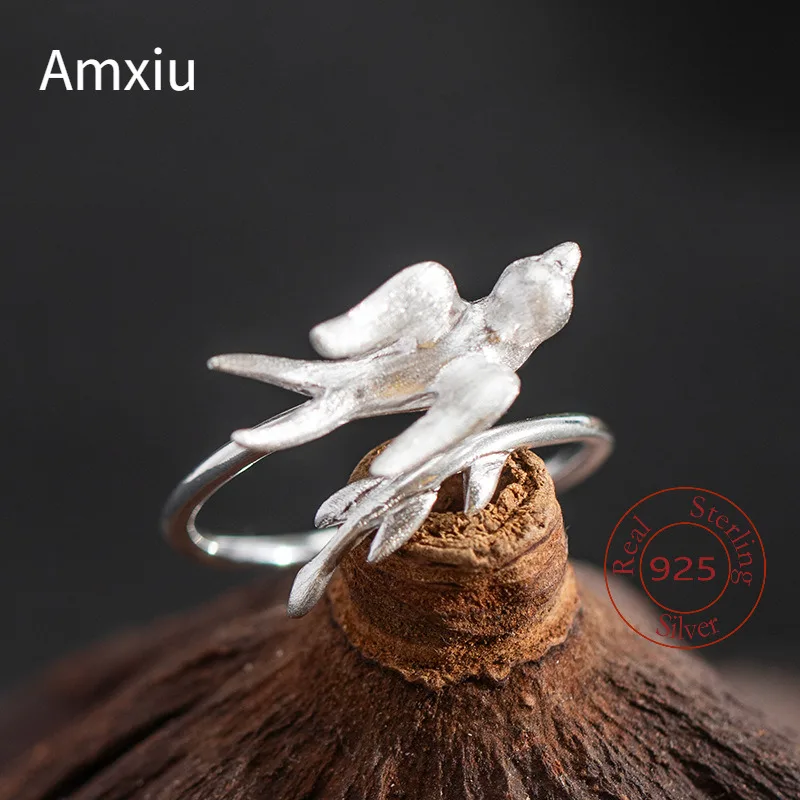 Amxiu Sterling Silver 925 Creative Design Simple Swallow Ring Female Fashion Personality DIY Willow Branch Ring Silver Jewelry