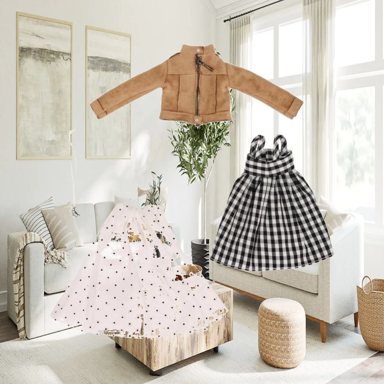 Detailed Doll Fashion Set Brown Faux Suede Jacket Long Sleeve Front Zipper Checkered Skirt Polka Dot Skirt for 1 6 Scale Dolls