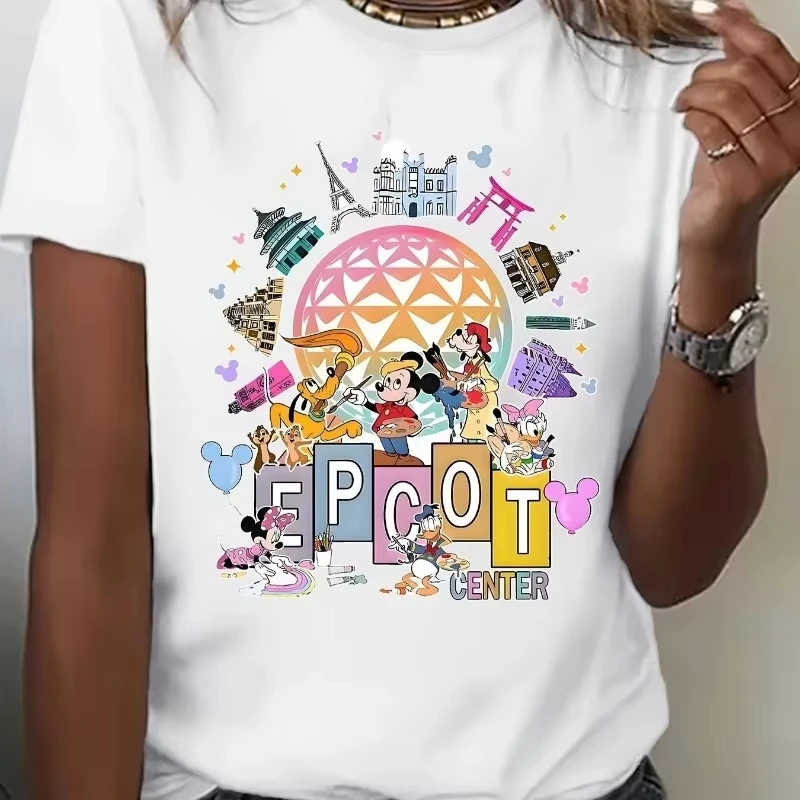 

Ladies Disney Mickey and Minnie Cartoon T-shirt - Round Neck Casual T-shirt Featuring Eiffel Tower Statue of Liberty, and More