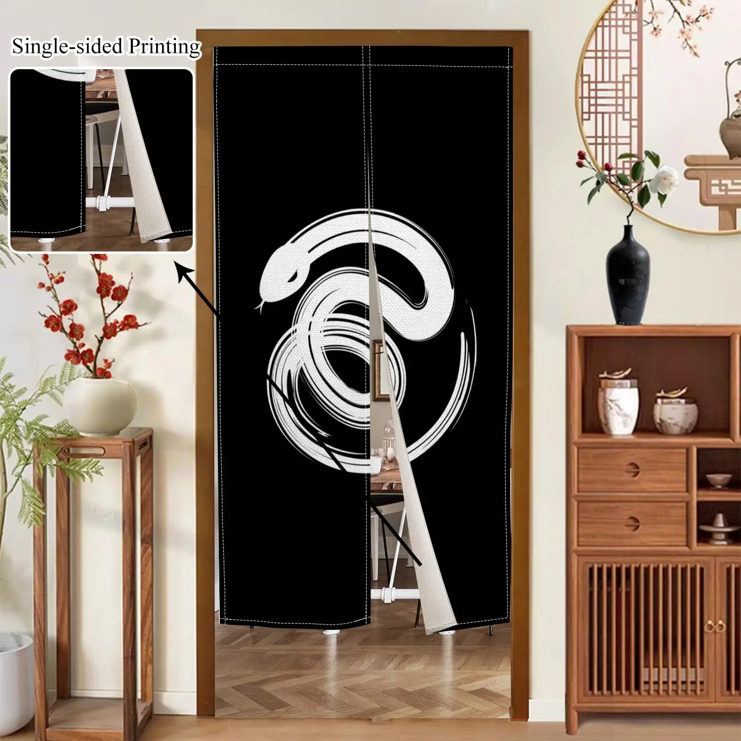 Minimalist Snake Design Door Curtain, Modern Japanese Style Black & White Print For Bedroom & Living Room, Edgy Decor Divider