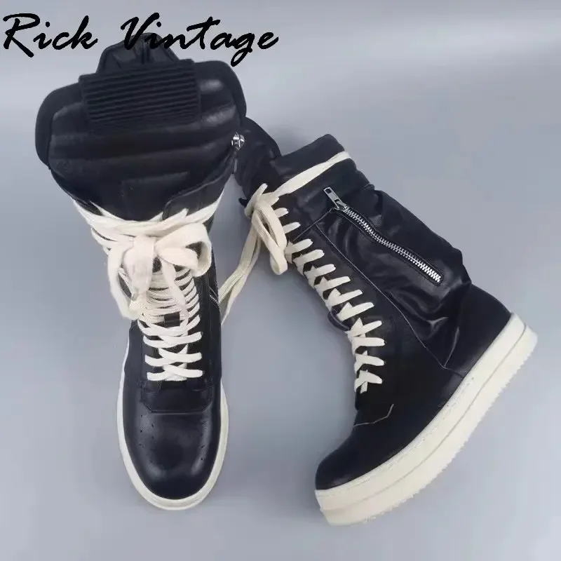 Rick Vintage Men's Motorcycle BootsคุณภาพหนังHigh Street Casualรองเท้าหนารอบToe Lace-Upลูกวัวรองเท้าUnisex