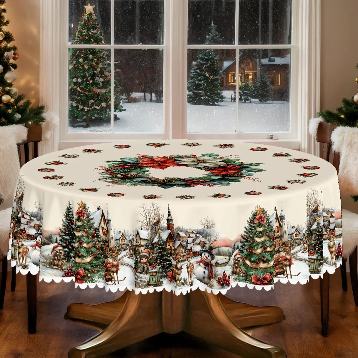 1 piece, Christmas-themed party tablecloth, featuring a snowman, Christmas tree and winter snowscape design pattern printed.yzb)