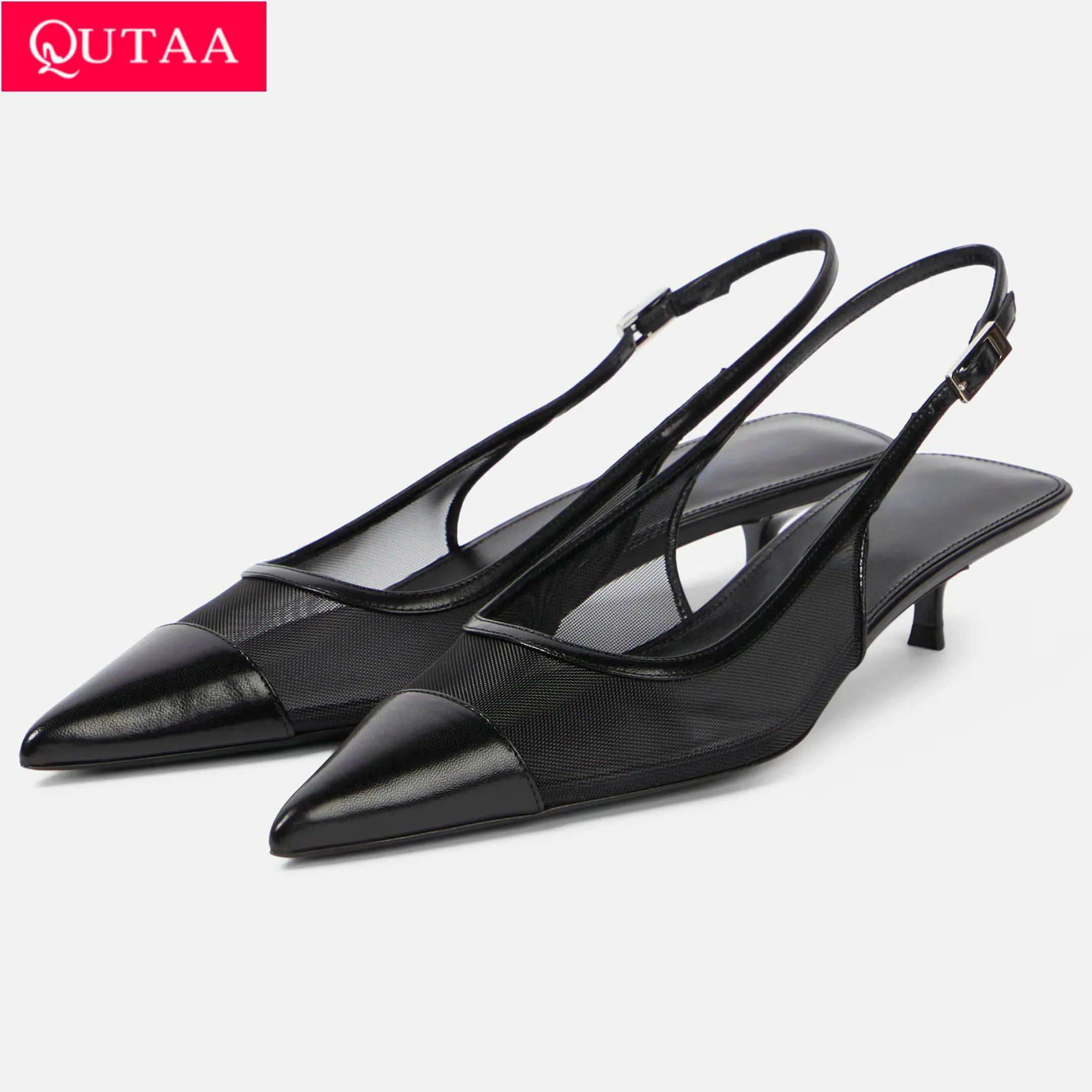 

QUTAA Summer Sandals Fashion Pointed Toe Women's Shoes Sexy High Heels Mesh Simple Buckle Straps Shoes size 34-40