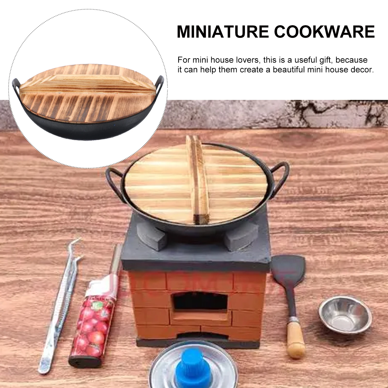 

Mini Iron Wok Kitchen Utensils Miniature Cooking Bakeware Gadget Wooden Cookware Stuff Pan Work