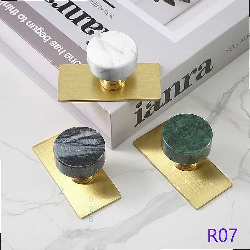 Nordic Vintage Natural Marble Brass Round Single Hole Cabinet Drawer Knob Pull