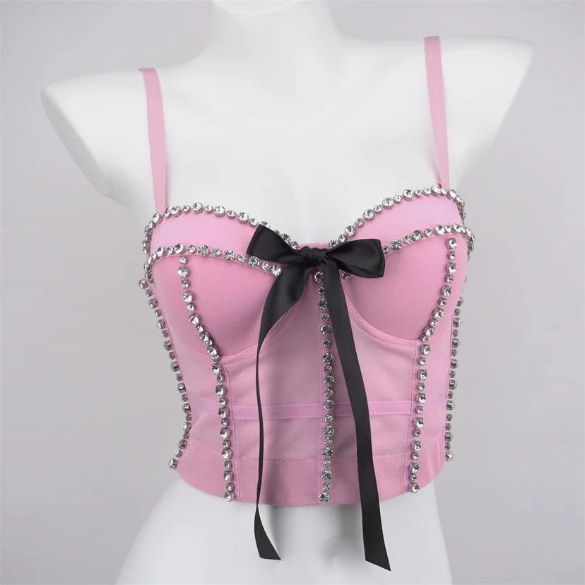 

Pink Knot Diamond Embellished Tube Top Women's Strapless Vest Blouse Fashionable Korean Style Summer Outfit