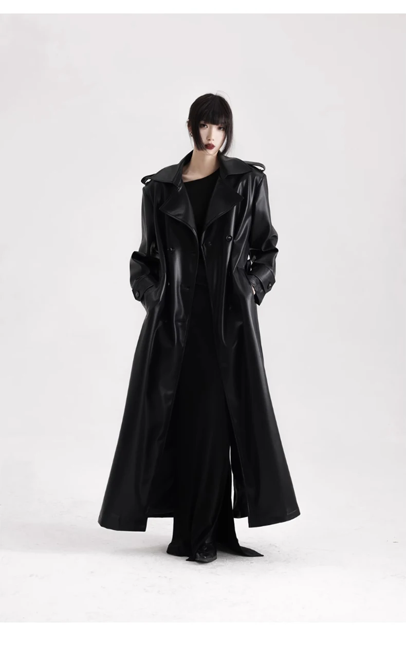Lautaro Spring Autumn Extra Long Black Soft Pu Leather Trench Coat for Women Double Breasted Loose Casual Korean Fashion 2024