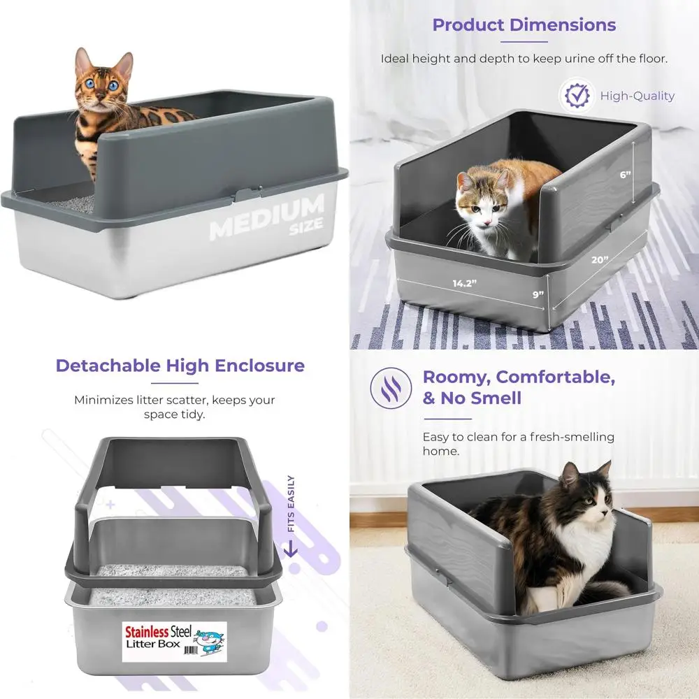 

Medium-Size Stainless Steel Covered Cat Litter Box with High Sides and Scoop for Easy Cleaning and Scatter Control