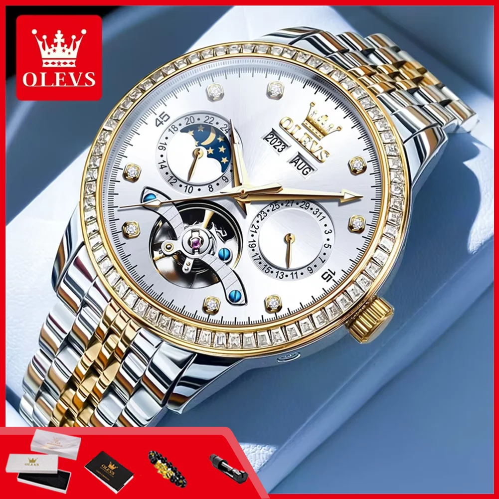 

OLEVS 7016 Men‘s Watch Stainless Steel Diamond Bezel Skeleton Flywheel Multifunctional Automatic Mechanical Wristwatches for Man
