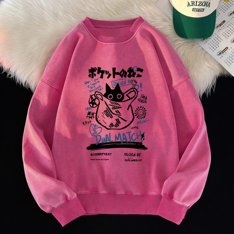

Fashion Women Washed Sweatshirt Japanese Harajuku Cat Prints Hoodie Warm Crewneck Oversize Pullover Vintage Acid Wash Clothes