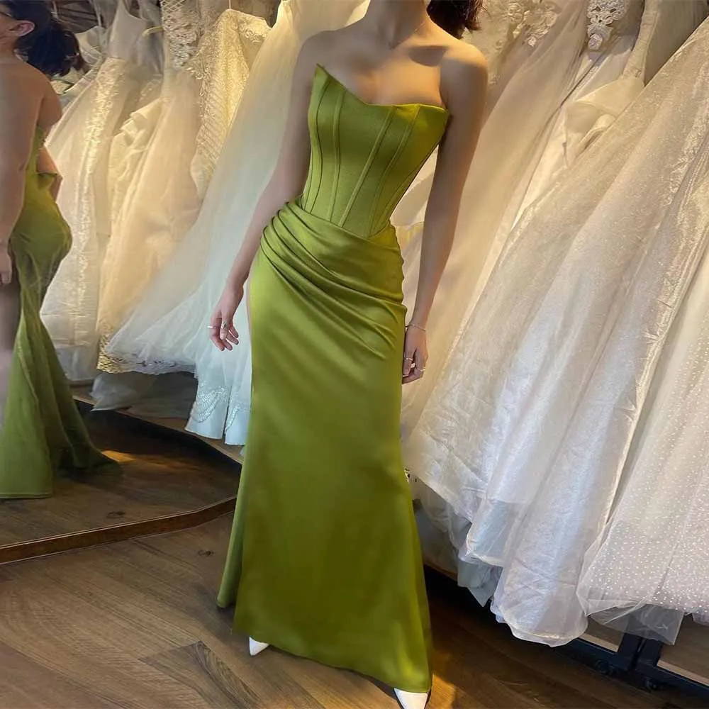 

Simple Women's Evening Dresses Satin Sheath/Column Party Dress Green Strapless Pleat Valentine's Day Dress Long 2025