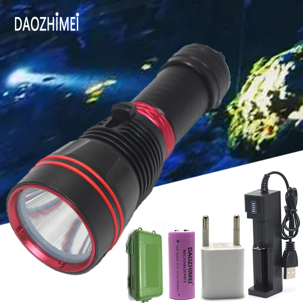 1000 Lumens LED Diving Flashlight Tactical Waterproof Light 100M Underwater Scuba fishing Flash Light 26650 Dive Torch Camping