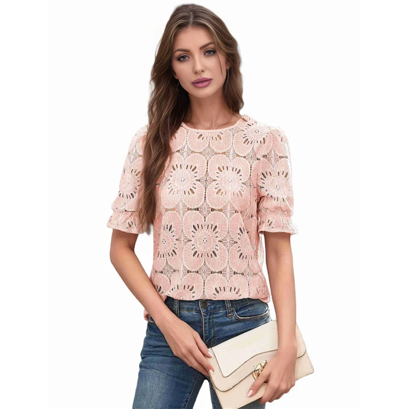 المرأة الصيف العيينة الجوف خارج الكروشيه الدانتيل المطرزة قصيرة الأكمام نفخة قمم