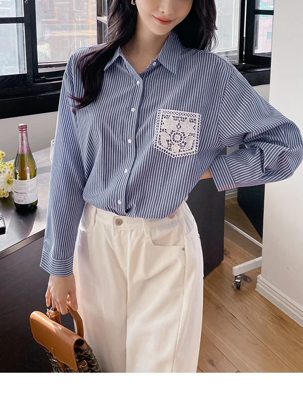 

Korean Style plus Size Women's Shirt Lace Collar Striped Patchwork Long Sleeve Top Button up Ladylike Straight Cut Commute Style
