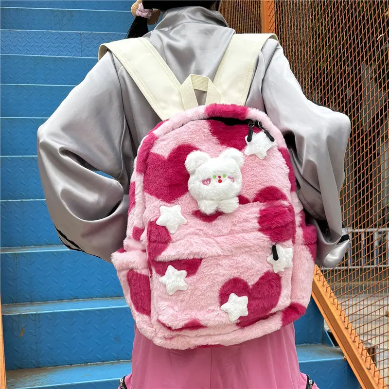 Y2k Girl Star Backpack Korean Fashion Large Capacity Fluffy Cute School Bag Harajuku Fur Kawaii Travel Bag Sweetwear 2023 Winter