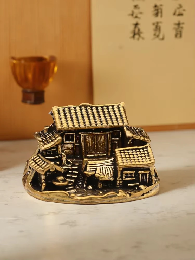 Brass Mini Chinese Countryside House Figurines Mniature Rustic Cottage Statue Desktop Ornament  Home Decoration Crafts Accessory