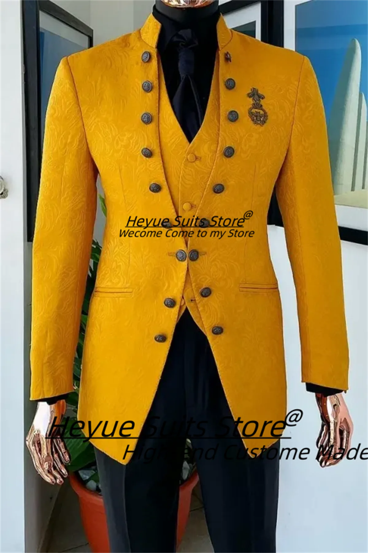 

Classic Fashion Stand Collar Jacquard Groom Wedding Tuxedos Customized Slim Fit Men Suits3Pcs Sets Male prom Blazers Ropa Hombre