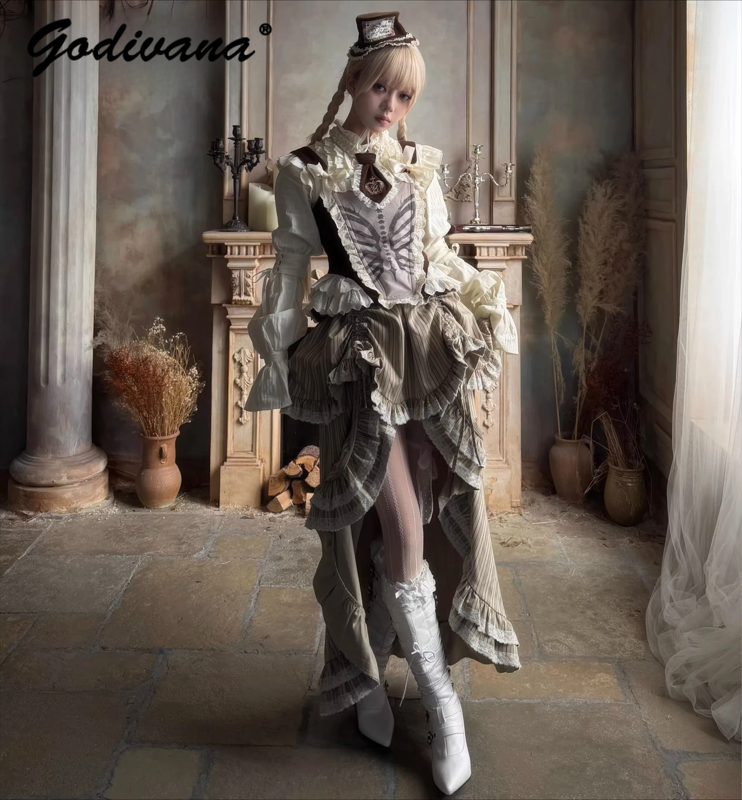 Nuevo Conjunto de Falda Larga y Camisa de Manga Larga con Estampado Retro de Huesos para Mujer, con Cordones y Ribete de Encaje, Estilo Corsé, para Primavera