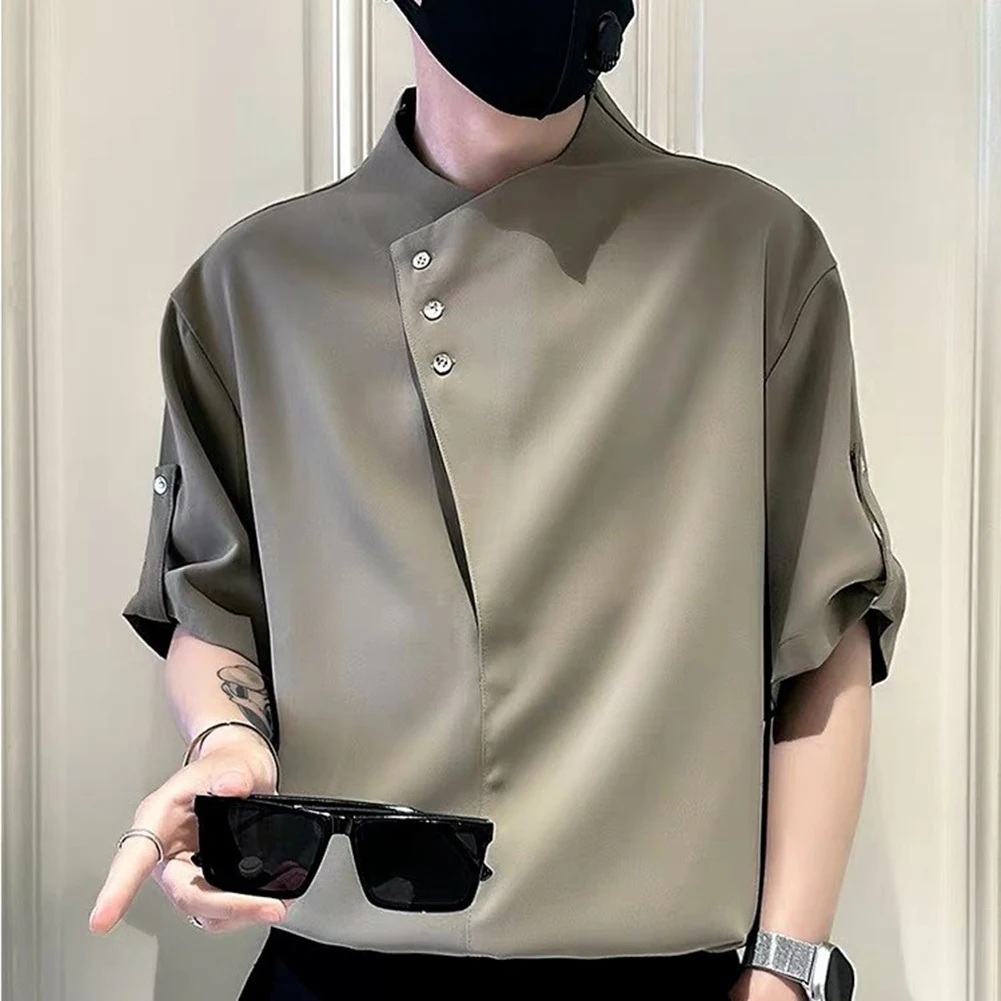 Men Clothing Irregular Collar Half Sleeve Casual Personalized Shirts Handsome Simple Solid Color T-shirts Tops
